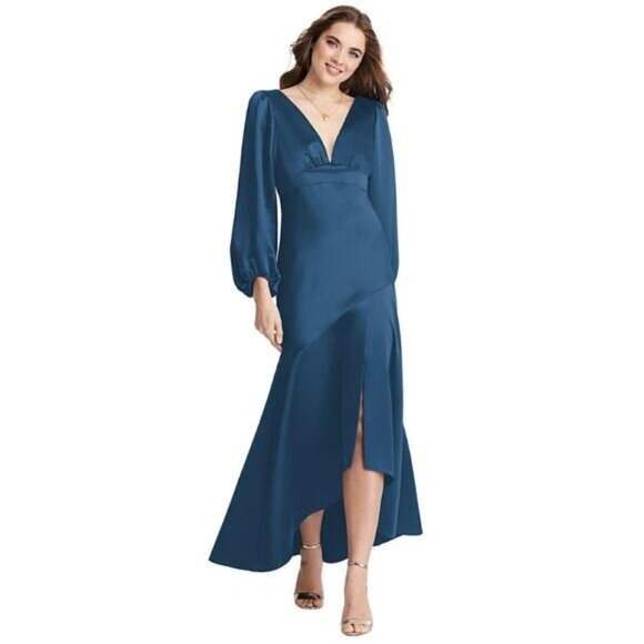 BNWT - LOVELY TEAGAN PUFF SLEEVE HIGH LOW SLIP DRESS - DUSK BLUE - 2 - Picture 1 of 11